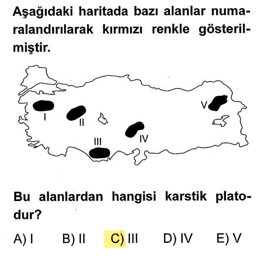 <p>Türkiye'de "Karstik" (kireçtaşı) denince oklar hep <strong>Akdeniz</strong>'i göstermeli. III numara <strong>Taşeli Platosu</strong>'dur ve tipik bir karstik platodur.</p>