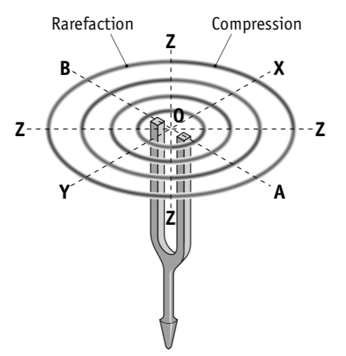 <p>Place a vibrating tuning fork beside your ear and rotate it</p><p>The loudness of the sound will increase and decrease at regular intervals</p>
