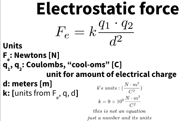 <p>the attractive or repulsive force that acts between electrically charged particles or objects at rest</p><ul><li><p>Distance increases = Fe decreases</p></li><li><p>Charge increase = Fe increase</p></li></ul><p></p>