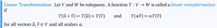 <p>Transformation T is linear of it distributes over addition and scalar multiplication</p>