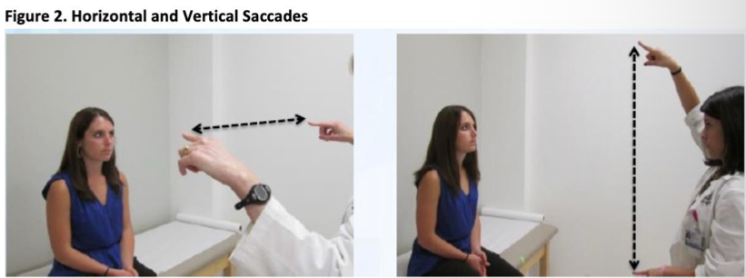 <ul><li><p><span>Tests ability of eyes to move quickly between targets</span></p></li><li><p class="p1"><span>Head stationary, only eyes move</span></p></li><li><p class="p1"><span>“Jump your eyes between the 2 points”</span></p></li></ul><p></p>
