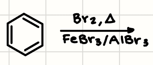 <p>(Benzene) + (Br2, Δ, FeBr3/AlBr3)</p>