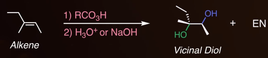<p><span style="background-color: transparent;">start with an alkene and use 1: RCO<sub>3</sub>H and 2: H<sub>3</sub>O<sup>+</sup> or NaOH. It makes a vicinal diol (2 OH on neighboring carbons) with anti addition and an enantiomer.</span></p>
