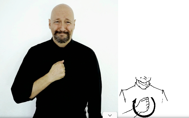 <p>dom hand on chest with closed fist move in circle with sad facial expression</p>