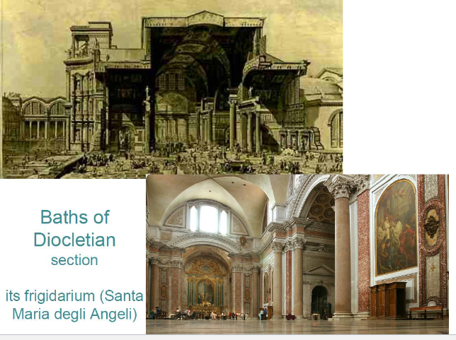 <p>Baths of Diocletian</p><ul><li><p><span style="background-color: transparent;">Symmetrical&nbsp;</span></p></li><li><p><span style="background-color: transparent;">Cycle of rooms</span></p></li><li><p><span style="background-color: transparent;">Palaestra on each side</span></p></li><li><p><span style="background-color: transparent;">Unlike Caracalla</span></p><ul><li><p><span style="background-color: transparent;">Outer area</span></p></li></ul></li><li><p><span style="background-color: transparent;">Turned into a church - Santa Maria degli Angeli - its frigidarium</span></p></li><li><p><span style="background-color: transparent;">Imperial baths would be all over the city</span></p></li></ul><p></p>