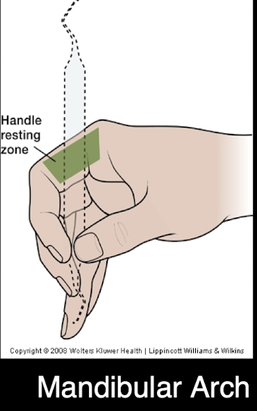 <p>Palm down, rest handle against your hand somewhere between your first finger’s top joint</p>