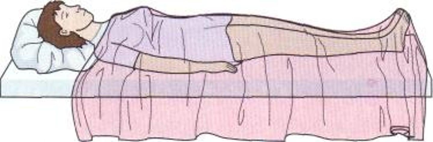 <p>lying flat on the back with arms down at the sides of body</p><p>- exams involving front of body</p><p>- administration of CPR</p>