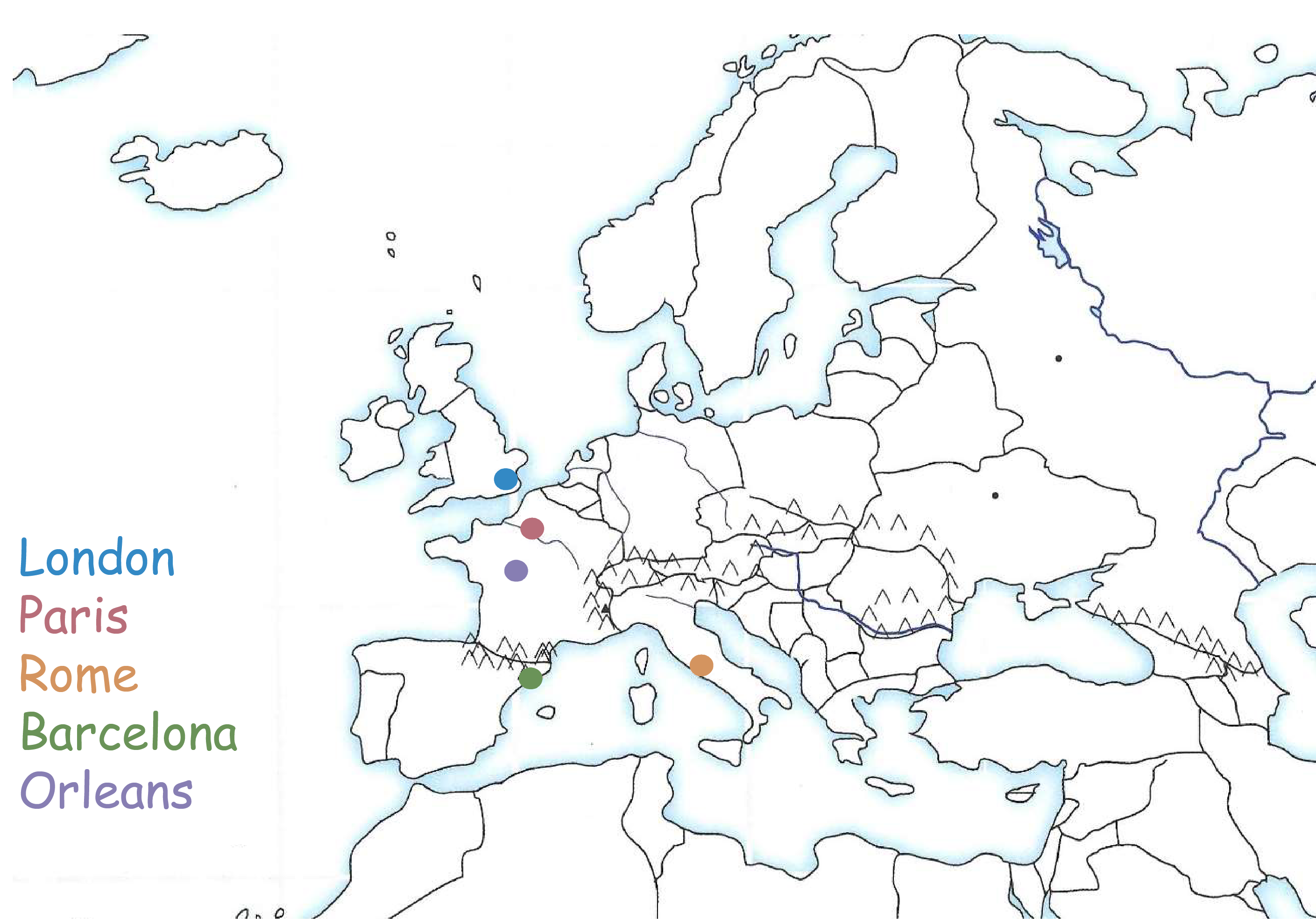 <p><strong>European Cities</strong></p><p>London</p><p>Paris</p><p>Rome</p><p>Barcelona</p><p>Orleans</p>