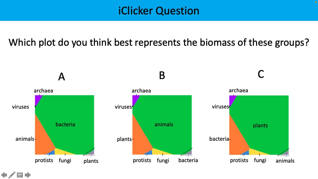 <p>Which plot do you think best represents the biomass of these groups?</p>