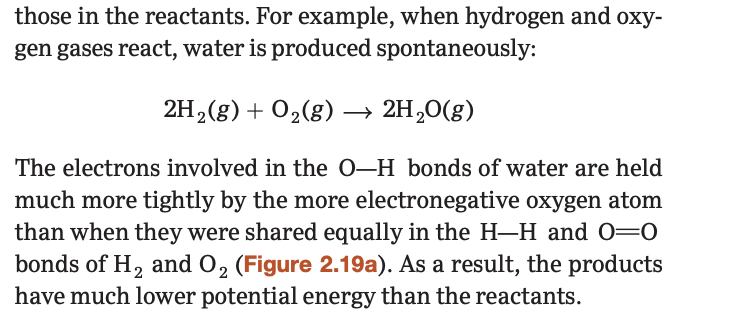 <ol><li><p>A reaction will be spontaneous if the products have lower potential energy than the reactants.</p><ol><li><p>AKA when the shared electrons in the products are held more tightly than in those reactants.  </p></li></ol></li><li><p>Reactions will be spontaneous when the product molecules are less ordered than the reactant molecules. </p><ol><li><p>EX: glucose is a single, highly ordered molecule. When it burns in air, it breaks up into CO<sub>2</sub> and H<sub>2</sub>O which are less ordered. </p></li></ol></li></ol><p></p><p>Look at image for 1! Read it!</p>