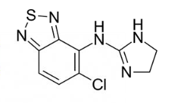 <ul><li><p>centrally acting <strong>alpha2 adrenergic agonist</strong></p></li><li><p>sympathetic antagonist by inhibiting nonadrenergic neurotransmission→ originates from Locus Ceruleus</p></li><li><p>1,2,5- thiadiazole→ 2-amioninidazoline</p></li><li><p>slows excitatory action in the brain and nervous system→ allows muscles to relax with much less hypotensive effects than clonidine</p></li><li><p>MOA: bind to alpha 2 adrenergic→ dissociation of an alpha subunit from inhibitory Gi protein→ inactivation of adenylate cyclase through the association of an alpha subunit→ decrease of intracellular cAMP→ inactivation of protein kinase A(PKA)→ decrease of noradrenaline release</p></li></ul><p></p>