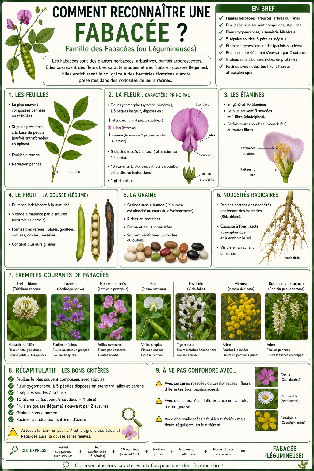 <p>Les Fabaceae sont très importantes et facilement reconnaissables grâce à plusieurs caractères combinés. Les feuilles sont alternes, composées et toujours munies de stipules. Elles peuvent être imparipennées ou modifiées (vrilles chez les pois, épines chez certains acacias).</p><p>Un élément très caractéristique est la présence d’un pulvinus, une zone renflée à la base du pétiole permettant des mouvements (repli des feuilles).</p><p>Les fleurs sont typiquement papilionacées :</p><ul><li><p>un grand pétale supérieur (étendard)</p></li><li><p>deux pétales latéraux (ailes)</p></li><li><p>deux pétales inférieurs soudés (carène)</p></li></ul><p>L’androcée comporte généralement 10 étamines, souvent soudées en tube. L’ovaire est supère.</p><p>Le fruit est une gousse, qui s’ouvre en deux valves.</p><p>Autre point important : symbiose avec des bactéries fixatrices d’azote (nodules racinaires).</p><p>Résumé : “fleur papillon + gousse + feuilles composées = Fabaceae”.</p>