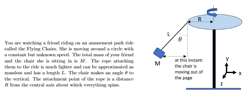 <p>Using your knowledge of curving motion and the variables given in the schematic (R, L, θ, M) and any relevant physical constants, at what speed v is your friend (and the chair) moving?</p>