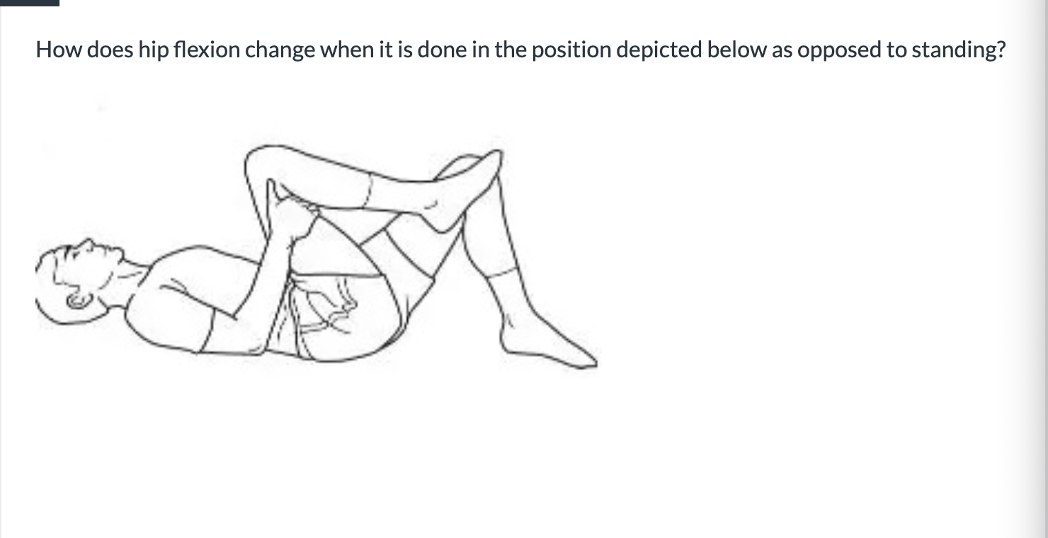 <p><span>How does hip flexion change when it is done in the position depicted below as opposed to standing?</span></p>