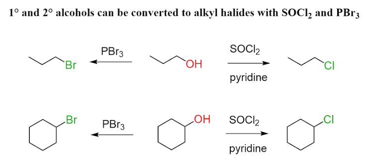 <p>R-OH—> R-Cl (substitution, produces alkyl chloride, major product only </p>