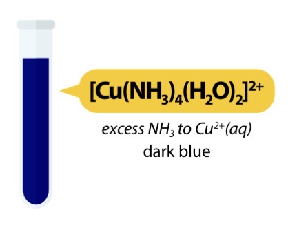<ul><li><p>[Cu(H2O)6]2+ (aq) + 4NH3 (aq) </p><p>→ [Cu(NH3)4(H2O)2]2+ (aq) + 4H2O (l)</p></li><li><p>Pale blue solution → Dark blue solution</p></li></ul><p></p>