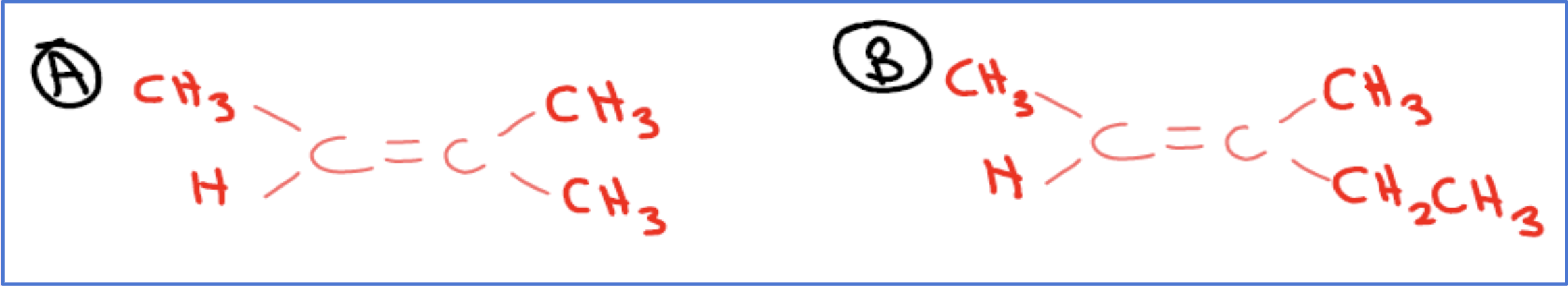 <p><span style="background-color: transparent;">Two molecules are shown below and labelled as A and B. Identify whether each one of these could exist as geometric isomers and justify your answer. </span></p>