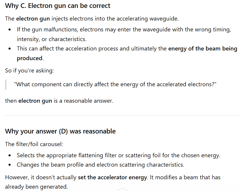 <p>C electron gun</p><div data-type="horizontalRule"><hr></div><p>The output energy will be altered if the electron gun malfunctions. The electron gun is the source of electrons.</p><p><br></p>