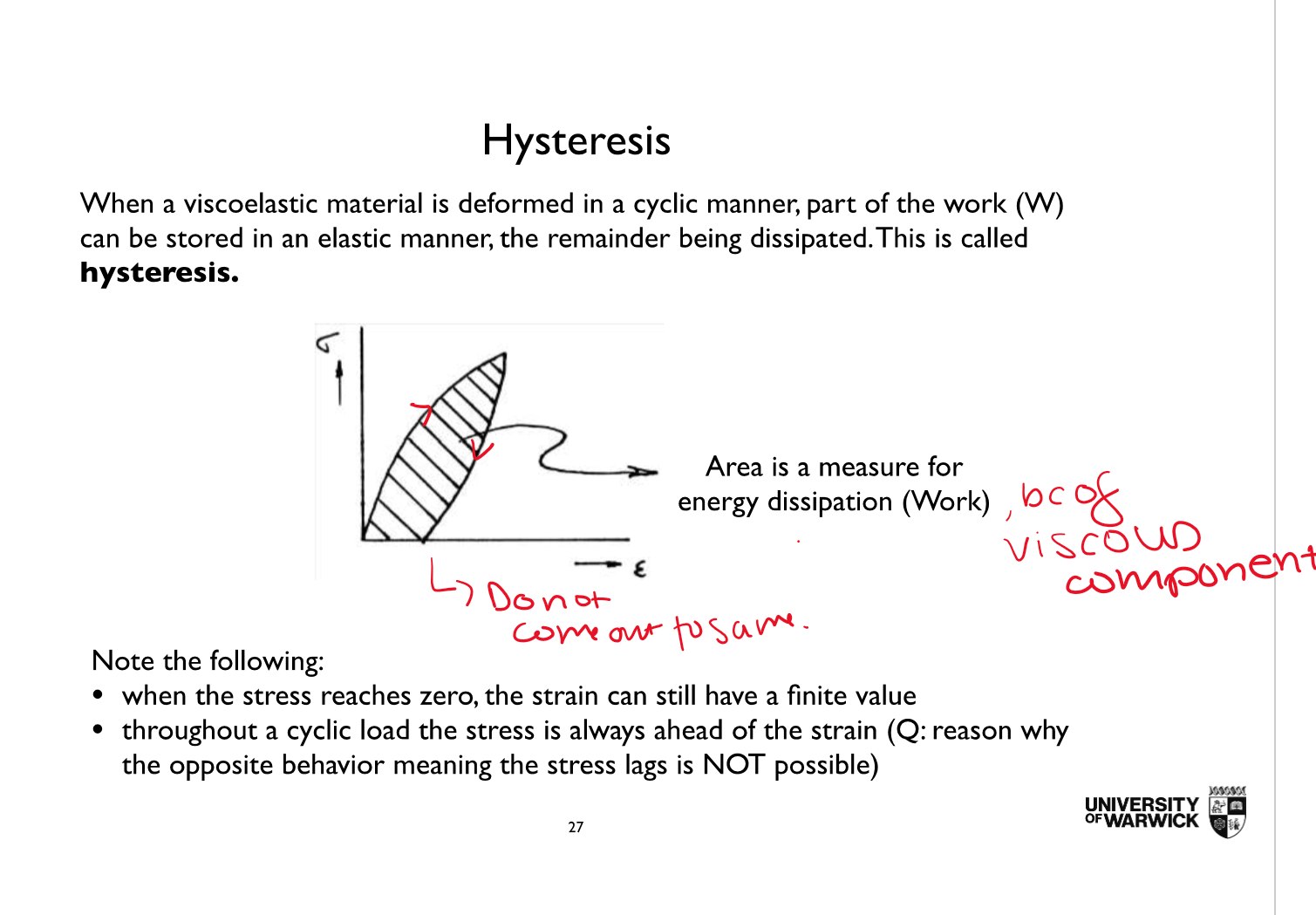 <p>viscoelastic solids can have part work stores and then part energy dissipated. DOES NOT GO BACK to 0</p>