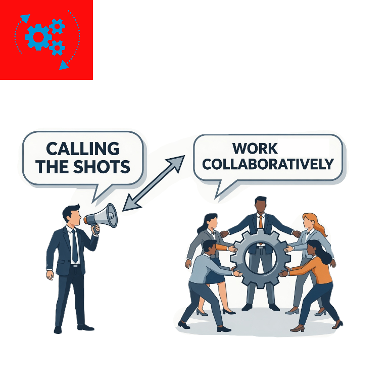 <p><strong><mark data-color="green" style="background-color: green; color: inherit;">to work collaboratively rather than calling the shots</mark> </strong></p><p><strong>DEUTSCH:</strong></p><p>Zusammenarbeit statt das Sagen haben</p>