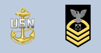 <p>Collar device (Left) : A gold fouled anchor with a silver USN superimposed across the top of the anchor.</p><p>Sleeve (Right) : Three gold chevrons below one rocker below one eagle.</p>