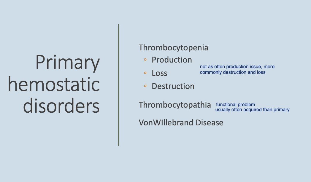 <p>Thromboyctopenia.</p><p>Thrombocytopathia.</p><p>vWD.</p>