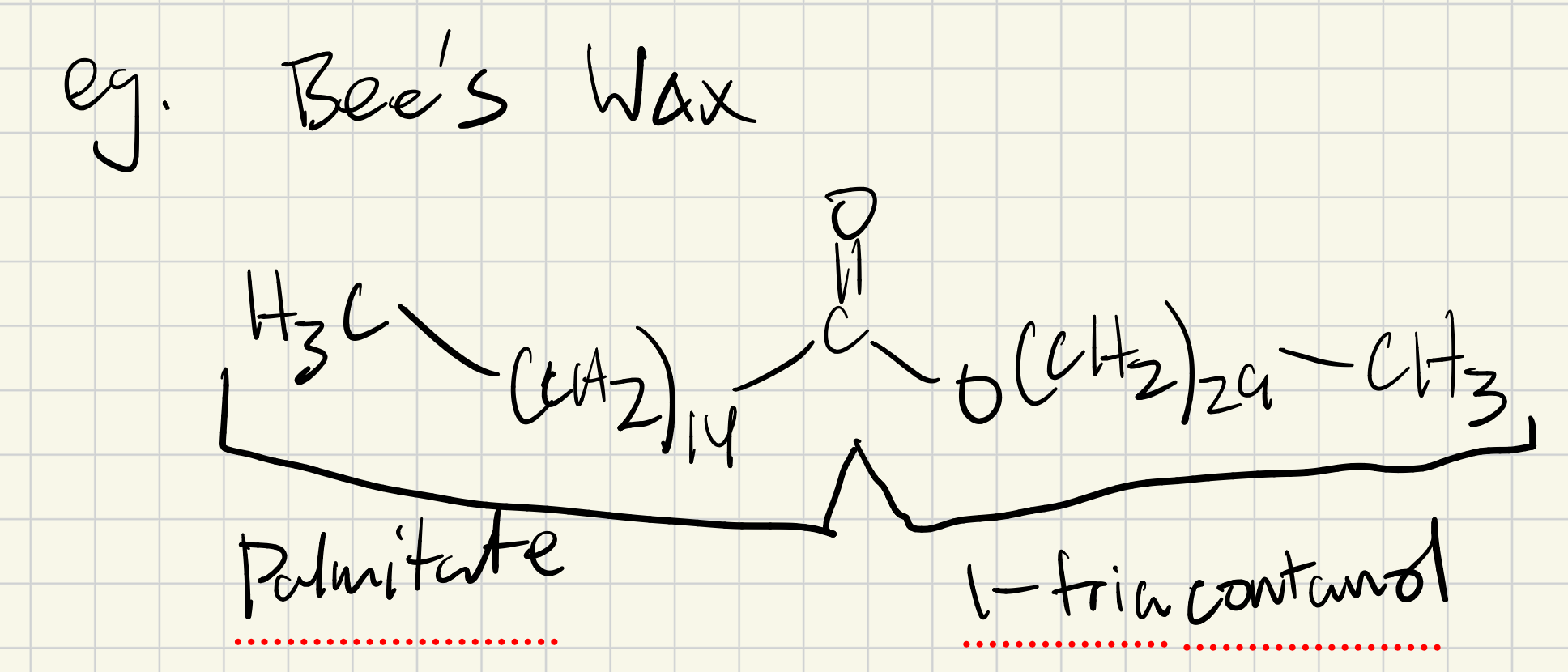 <p>Like FAs but have long chained alcohol attached, non-polar and hydrophobic. Have high melting points, great fuel sources </p>
