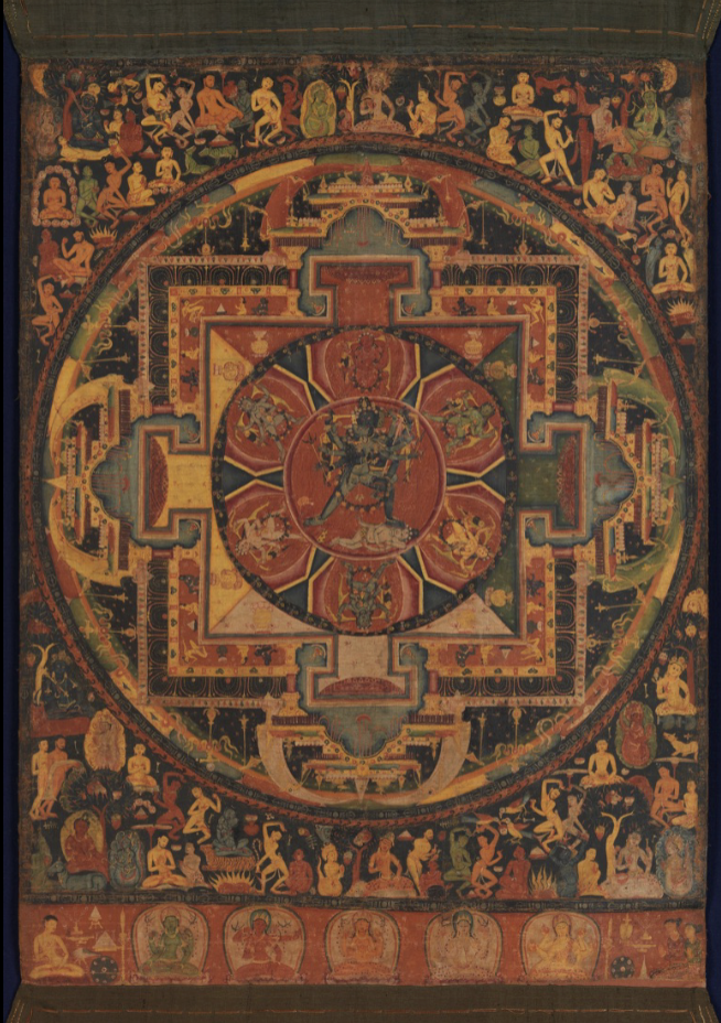 <ul><li><p>Centered around Chakrasamvara and his consort, Vajravarahi, trampling on a form of Shiva + his consort</p></li><li><p><span style="background-color: transparent;">6 lotus petals, reminiscent of 3 vajras</span></p><ul><li><p><span style="background-color: transparent;">Surrounded/protected by circle of vajras</span></p></li></ul></li><li><p><span style="background-color: transparent;">Each deity holding a splayed human skin</span></p></li><li><p><span style="background-color: transparent;">Varied activities taking place in the charnel ground background</span></p><ul><li><p><span style="background-color: transparent;">Gruesome, but juxtaposed with bright colors, heavy movement, and joyous facial expressions</span></p></li></ul></li><li><p><span style="background-color: transparent;">Blue at center + white in the east = Vairocana lineage becoming of central importance</span></p></li><li><p><span style="background-color: transparent;">Donors in bottom right corner</span></p><ul><li><p><span style="background-color: transparent;">Potential early representation of Vajracharya householder monk + two wives</span></p><ul><li><p><span style="background-color: transparent;">Esoteric Buddhism addressing its own survival by allowing monks to marry and have children</span></p></li></ul></li></ul></li></ul><p></p>