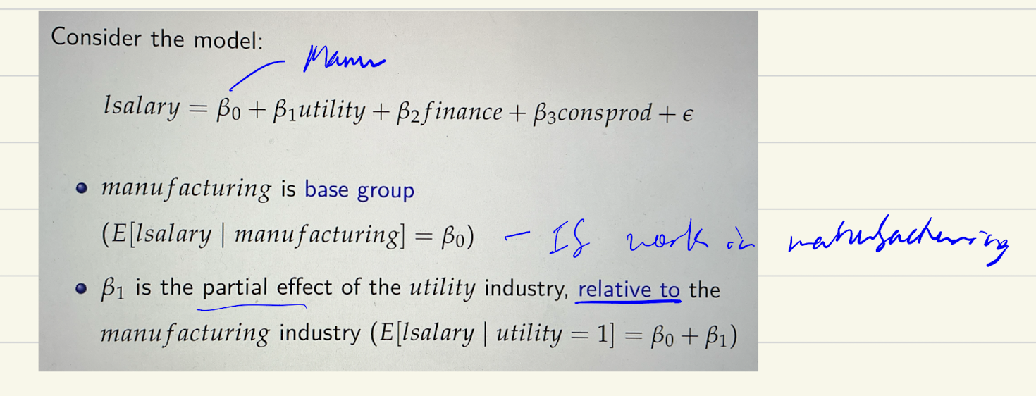 <p>coefficient is relative usually;<br><br>ex: if utility coefficient is 0.35. then salary in the utility industry is 35% lower than in the manufacturing industry</p>