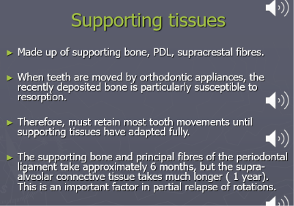 <ul><li><p>When teeth are moved by ortho appliances, the recently deposited bone is particularly susceptible to resorption (can therefore lead to movement/relapse of corrected teeth)</p></li><li><p>(movement of teeth includes deposition of bone during ortho as they’re moved)</p></li><li><p>To allow for full adaptation and remodelling of the supporting tissues</p></li><li><p>6 months</p></li><li><p>They take longer - up to a year and is an important factor in partial relapse of rotated teeth</p></li></ul><p></p>