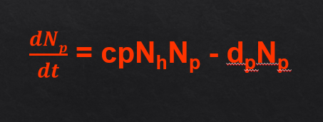 <p>rate of prey capture = pNhNP</p><p>c = conversation efficiency( how efficiently capture prey are converted into predator offspring)</p><p>Therefore, predator births = cpNhNp</p><p></p><p>Predator deaths = dNp</p><p></p>
