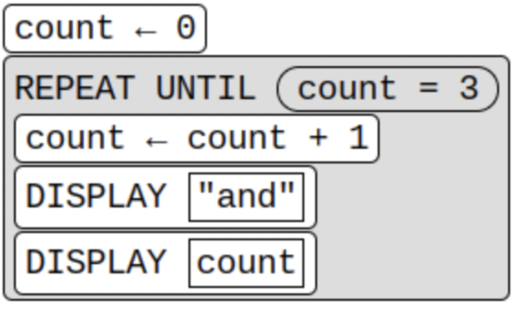 <p><span>Based on the CollegeBoard requirements of loops, what will be displayed after this code segment is run? </span></p><p></p><p>A. "and 0 and 1 and 2"</p><p>B. "and 1 and 2 and 3"</p><p>C. "0 and 1 and 2"</p><p>D. "1 and 2 and 3"</p>
