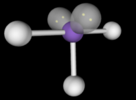 <p>5 electron domains</p><p>3 bonding domains</p><p>2 lone pairs</p><p>90 degree angles</p>