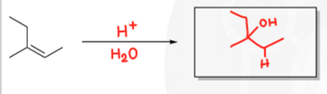 <p>H+, H2O, Markovnikov, neither stereoselective, carbocation rearrangement</p>