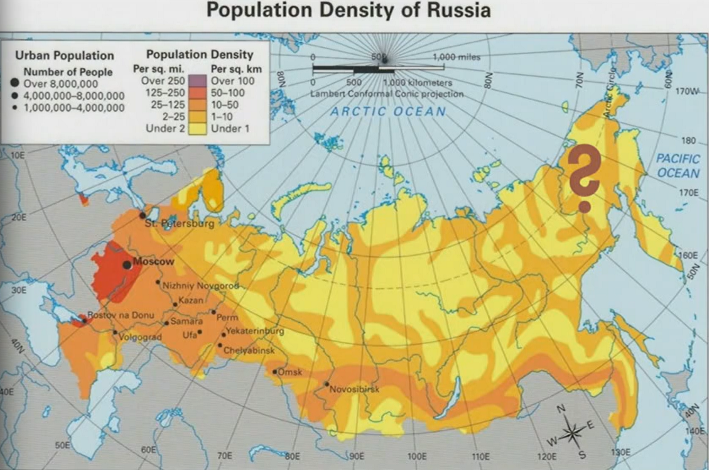 <p>Klicker:</p><p>Is this a useful map projection for showing the population density of Russia?</p>