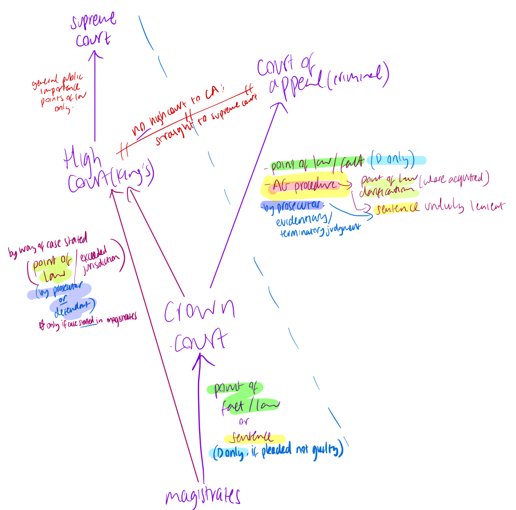 <p>see flowchart</p><p><strong>appeal by way of case stated</strong>:</p><ul><li><p>appeal brought on the basis that an order, judgment or other decision may be<strong> wrong in law or made in excess of jurisdiction (legal argument only).</strong></p></li><li><p>appeal by way of case stated - Either party may appeal against a magistrates/crown court decision; <strong>*crown>high court route of appeal</strong> is<strong> only available i</strong>f a Crown Court case is itself an <em>appeal from the magistrates' court.</em></p></li><li><p>no criminal appeal from high court to court of appeal; straight to supreme court (but only granted if point of law of general public importance)</p></li></ul><p></p>