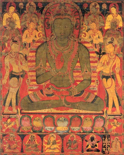 <ul><li><p>Green + Garuda</p></li><li><p><span style="background-color: transparent;">Elongated limbs at odd angles of attendant bodhisattvas</span></p></li><li><p><span style="background-color: transparent;">Tri-partite body</span></p></li><li><p><span style="background-color: transparent;">Ritual scene at bottom, with layman</span></p></li></ul><p></p>