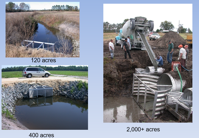 <ul><li><p><span>Used in geographic regions where the land is flat (typical slopes of ~0.5%) Tidewater regions of NC, and lower coastal plain</span></p></li><li><p><span>Structure size depends on drainage area.</span></p></li><li><p><span>Pipe <strong>diameter</strong> is directly related to the <strong>watershed size</strong>, riser <strong>height</strong> is</span></p><p style="text-align: left;"><span>dependent upon the <strong>depth </strong>of the ditch/channel.</span></p></li><li><p style="text-align: left;"><span>Bigger structures will have concrete/cement holding it in place</span></p></li></ul><p></p>