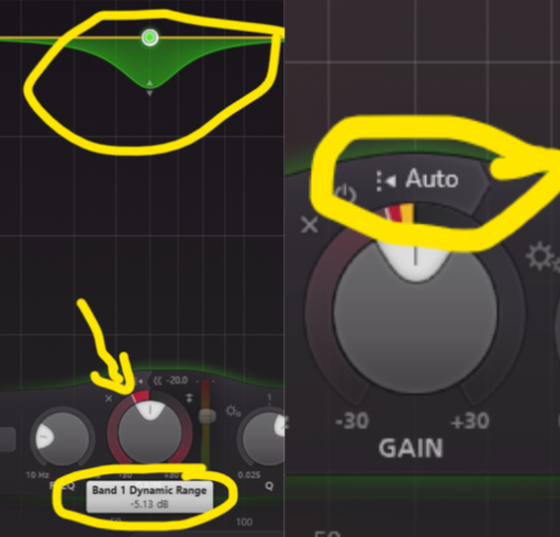 <p>Drag the <strong><em>dynamic range knob</em></strong> (the outer red ring) ?-ward/down</p><p>To around -5dB </p><p>Then Press “Auto”</p>