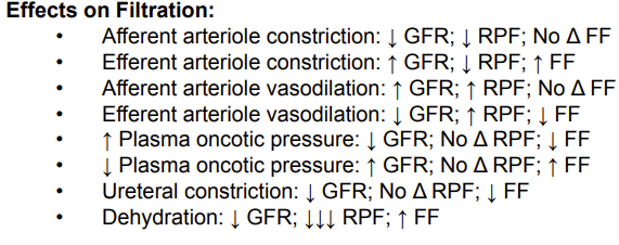 <p>Answer: ↓ glomerular filtration rate, no change in renal plasma flow, and ↓ filtration fraction.</p><p>Extra Information:</p><ul><li><p>The change in plasma oncotic pressure affects filtration without changing renal plasma flow on this slide.</p></li></ul><p>oncotic pressure pulls fluid in </p><p>So you have opposing forces:</p><p><strong>Glomerular hydrostatic pressure:</strong> pushes fluid <strong>OUT</strong> → favors filtration<br><strong>Glomerular oncotic pressure:</strong> pulls fluid <strong>IN</strong> → opposes filtration</p><p>Therefore:</p><p><strong>↑ oncotic pressure → ↑ pulling fluid into/keeping fluid in capillary → ↓ filtration → ↓ GFR</strong></p><p>But importantly, this <strong>isn't narrowing an arteriole</strong>, so you're not increasing vascular resistance.</p><p><span data-name="arrow_right" data-type="emoji">➡</span> <strong>RPF stays about the same.</strong></p>