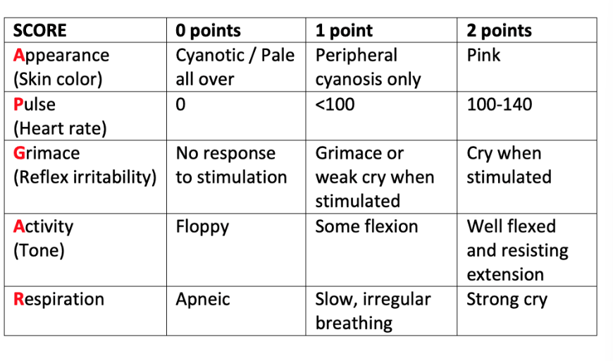 <p>Comprehensive screening tool used to assess newborns at birth and can assist in identifying the need for any immediate attention/intervention that baby needs </p><p>-Appearance, Pulse, Grimace, Activity, Respiration (0, 1, or 2) </p>