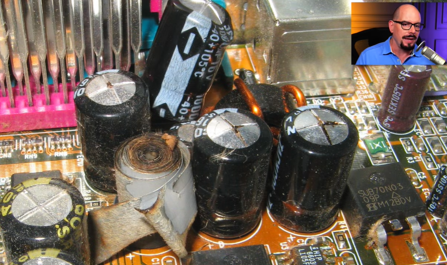 <p>Capacitor swelling is caused by a failed capacitor, where the capacitor swells and produces a brownish-red residue. Can either replace the motherboard or the capacitor, but need special training.</p>