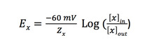 <p>Z: ion valence (charge +/-)</p><p>x: molecule concentration across the membrane (inside cell and outside cell)</p>