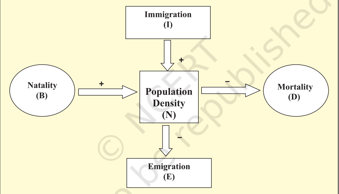 <p>If N is the population density at time t, then its density at time t +1 is</p><p>Nₜ₊₁ = Nₜ + [(B + I) – (D + E)]</p><p></p>