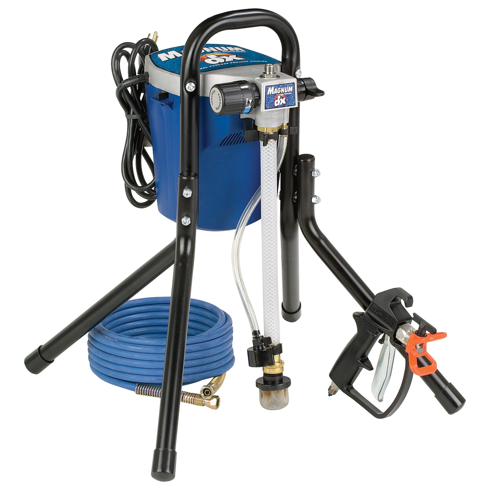 <p>High-pressure paint system with hose, gun, and positive displacement pump that forces coating through a tip without air atomization, requiring no thinning and producing minimal overspray.</p>