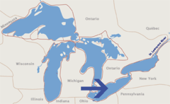 <p>The lake of Cleveland, Ohio</p><p>It lies among the Canadian province of Ontario and the American states of New York, Pennsylvania, and Ohio</p>
