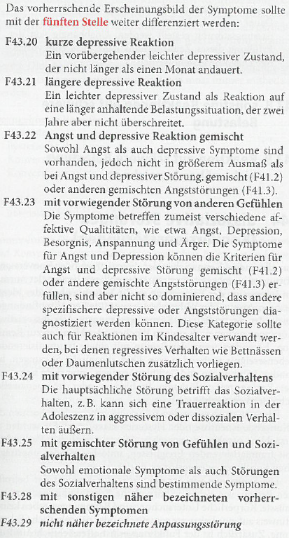 <p>A: Identifizierbare psychosoziale Belastung, von einem nicht außergewöhnlichen oder katastrophalen Ausmaß; Beginn der Symptome innerhalb eines Monats</p><p></p><p>B: Symptome und Verhaltensstörungen (außer Wahngedanken und Halluzinationen) wie sie bei F3, F4 und bei F91 vorkommen.Die Kriterien einer einzelnen Störung werden aber nicht erfüllt. Symptome können in Art und Schwere variieren. => siehe bild</p><p></p><p>C: Die Symptome dauern nicht länger als sechs Monate nach Ende der Belastung oder ihrer Folgen an, außer bei der längeren depressiven Reaktion (F43.21). Bis zu einer Dauer von sechs Monaten kann die Diagnose einer Anpassungsstörung gestellt werden. Unabhängig von der Erfüllung dieses Zeitkriteriums kann stehts eine vorläufige Diagnose gestellt werden.</p><p></p><p>DD Trennungsangst in der Kindheit (F93.0)</p><p>Verschwinden oder Tod eines Angehörigen</p><p>Kommentar: Bei Kindern stehen regressive Phänomene wie Einnässen Babysprache oder Daumenlutschen im Vordergrund, dann F43.23 nutzen</p>
