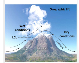 <p>Movement of an air mass passing from an ocean or lake region (containing greater amounts of water vapour) landward which then must be vertically displaced over a body (e.g., mountain). Adiabatic cooling (linear decrease in temp with increasing elevation). Follow Bernoulli’s.</p>