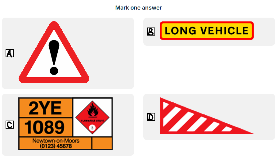 <p>Which sign shows that a tanker is carrying dangerous goods?</p>