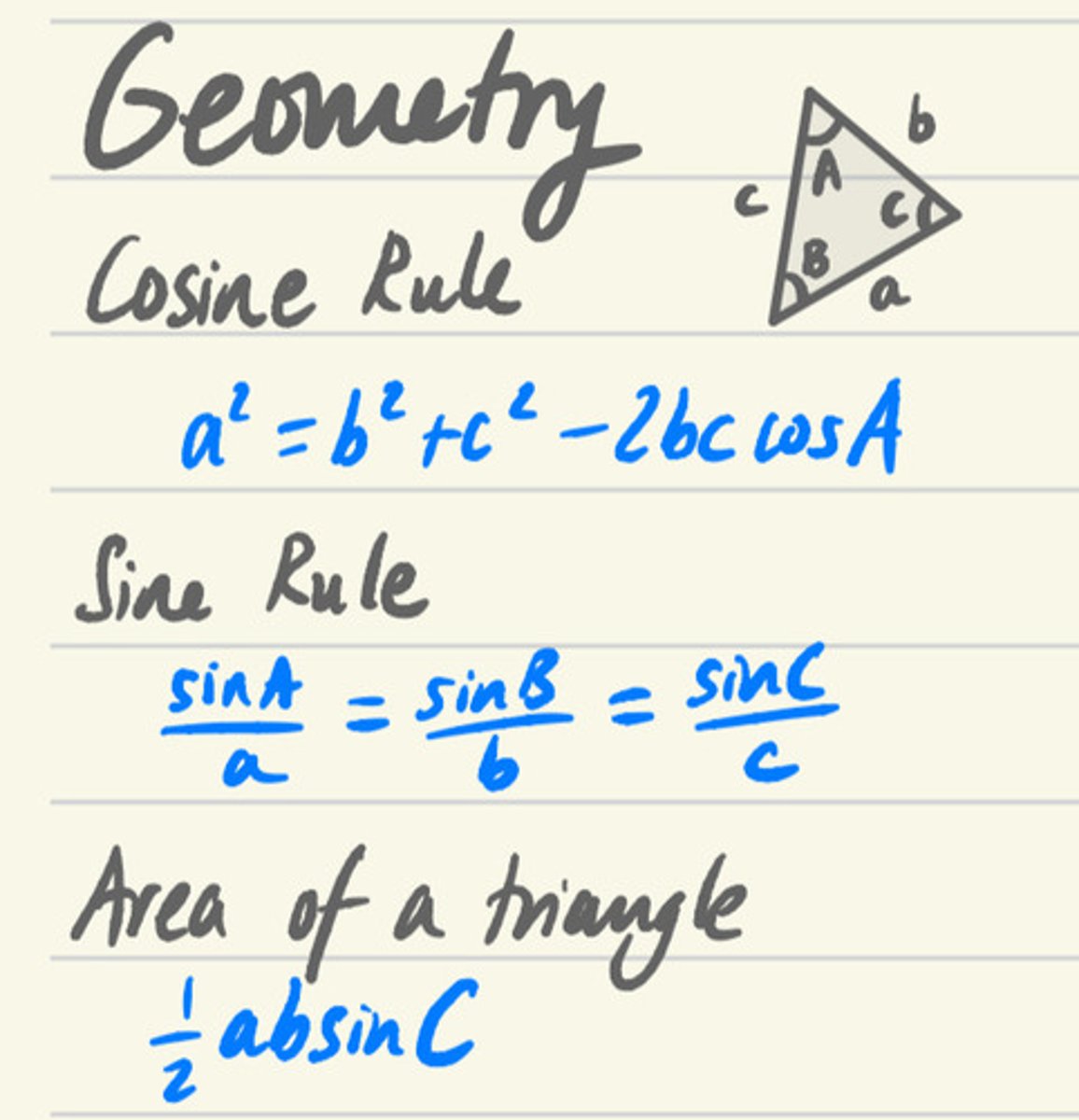 <p>A triangle is a three-sided polygon. It has three interior angles that add up to 180° (a + b + c = 180°). An exterior angle of a triangle is equal to the sum of the two interior angles that are opposite (d = b + c). The perimeter of a triangle is equal to the sum of the lengths of its three sides, the height of a triangle is equal to the length from the base to the opposite vertex (angle) and the area equals one-half triangle base x height: a = ½ base x height.</p>